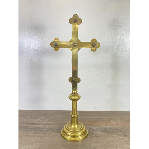 381 - A Victorian Jones & Willis brass altar cross with agate stones  - approx. 62cm high x 25cm wide