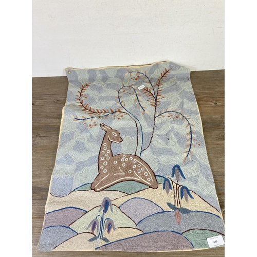 445 - An embroidered wall hanging with deer design - approx. 65cm high x 47cm wide