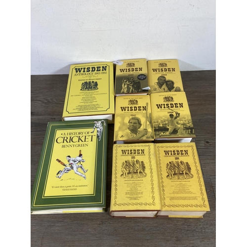 468 - Eight cricketing related books, seven Wisdon Cricketers Almanac and one The History of Cricket