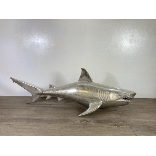 484 - A cast metal wall mountable shark  - approx. 33cm high x 103cm long x 30cm deep