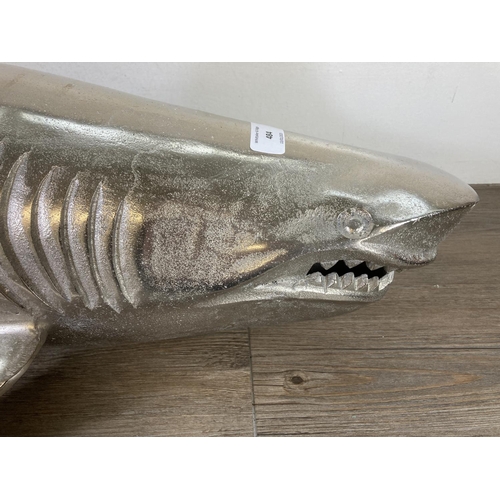 484 - A cast metal wall mountable shark  - approx. 33cm high x 103cm long x 30cm deep