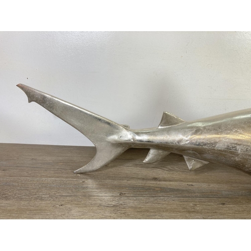 484 - A cast metal wall mountable shark  - approx. 33cm high x 103cm long x 30cm deep