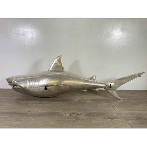 484 - A cast metal wall mountable shark  - approx. 33cm high x 103cm long x 30cm deep