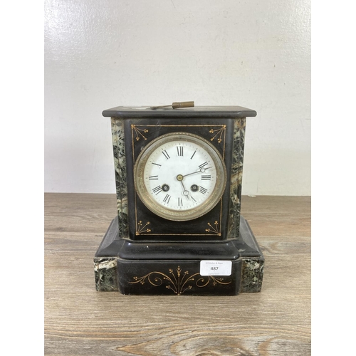 487 - A Victorian slate and marble chiming mantel clock with enamel face, key and pendulum - approx. 23cm ... 