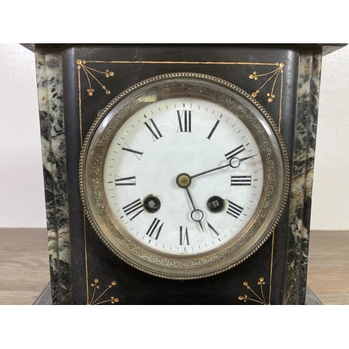 487 - A Victorian slate and marble chiming mantel clock with enamel face, key and pendulum - approx. 23cm ... 