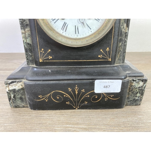 487 - A Victorian slate and marble chiming mantel clock with enamel face, key and pendulum - approx. 23cm ... 