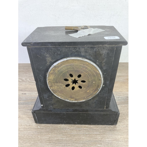 487 - A Victorian slate and marble chiming mantel clock with enamel face, key and pendulum - approx. 23cm ... 