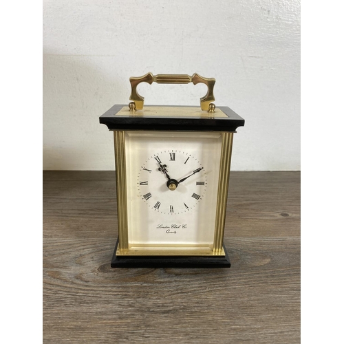 489 - Two quartz clocks, one London Clock Company carriage clock and one mantel clock