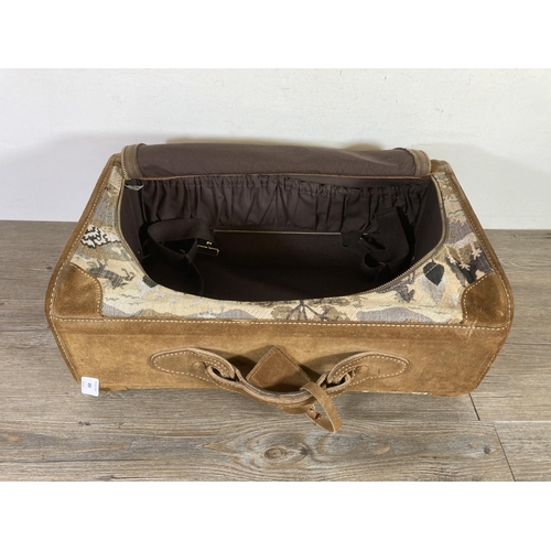 494 - A French Luggage Company American tapestry and brown suede luggage case - approx. 35cm high x 53cm w... 