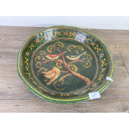 505 - A Victorian style hand painted papier-mâché bowl with central bird design - approx. 43cm diameter an... 