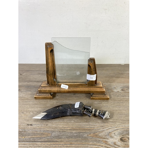 506 - Two items, early/mid 20th century oak photo frame and Indian Kukri trio knife set in original leathe... 