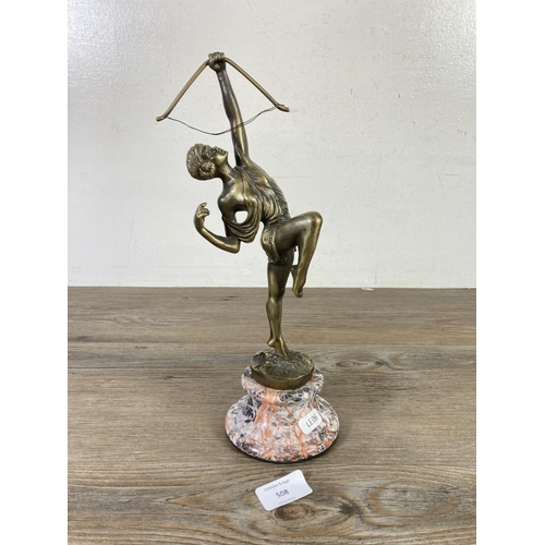 508 - An Art Deco style cast metal 'Diana The Huntress' sculpture on marble base - approx. 31cm high