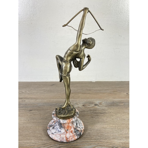 508 - An Art Deco style cast metal 'Diana The Huntress' sculpture on marble base - approx. 31cm high