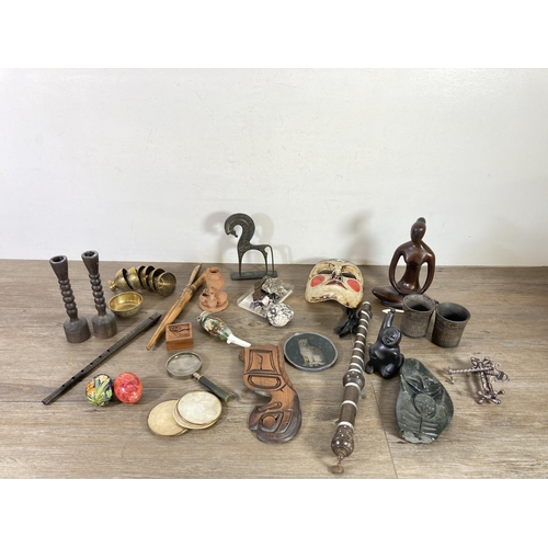 515 - A collection of vintage and antique items to include two pairs of 19th century silver plated knife r... 