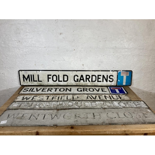 551 - Five vintage street signs - largest approx. 157cm wide x 23cm high