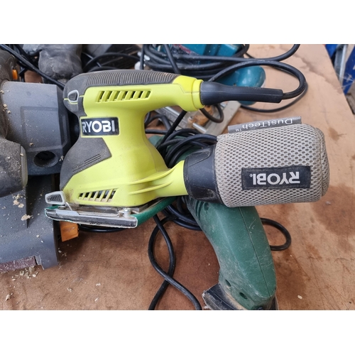 835 - Six electric power tools to include Makita 3620 router, Ryobi EOS-2410N sander, Titan TTB290SDR belt... 