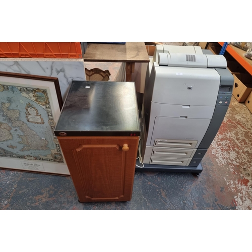 860 - A large collection of items to include lighting items, floor standing office printer, sink, pictures... 