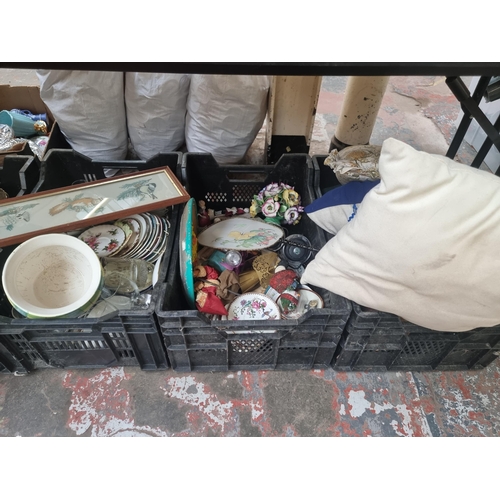 875 - Eight boxes containing rabbit draft excluder, copper bed warming pan, large glass vase, Wedgwood Jas... 