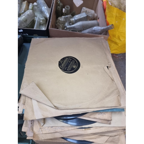 884 - Three boxes, one containing shellac records, and two containing books to include, International Libr... 