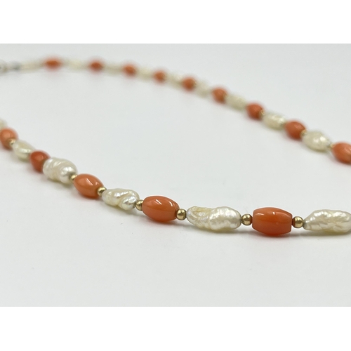 2130 - A pearl and coral 43cm necklace with 9ct gold clasp - approx. gross weight 9.14 grams