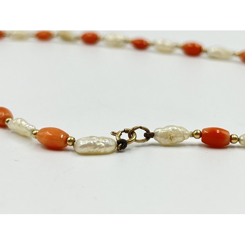 2130 - A pearl and coral 43cm necklace with 9ct gold clasp - approx. gross weight 9.14 grams