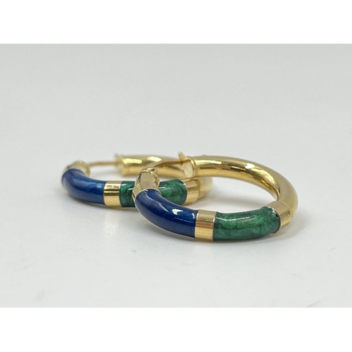 2133 - A pair of 9ct gold blue and green enamel creole earrings - approx. gross weight 2.30 grams