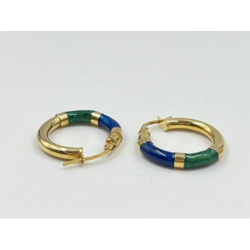 2133 - A pair of 9ct gold blue and green enamel creole earrings - approx. gross weight 2.30 grams