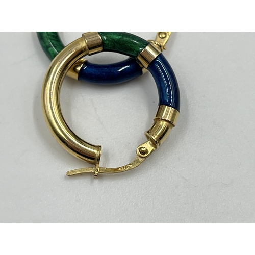 2133 - A pair of 9ct gold blue and green enamel creole earrings - approx. gross weight 2.30 grams