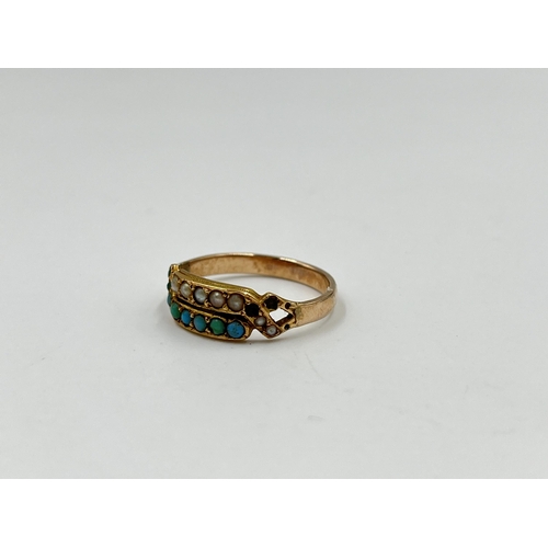 2145 - A late 19th/early 20th century yellow metal turquoise and seed pearl ring, size O½ - approx. gross w... 