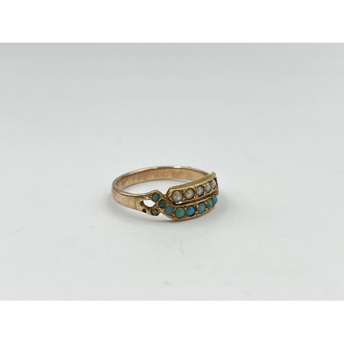 2145 - A late 19th/early 20th century yellow metal turquoise and seed pearl ring, size O½ - approx. gross w... 