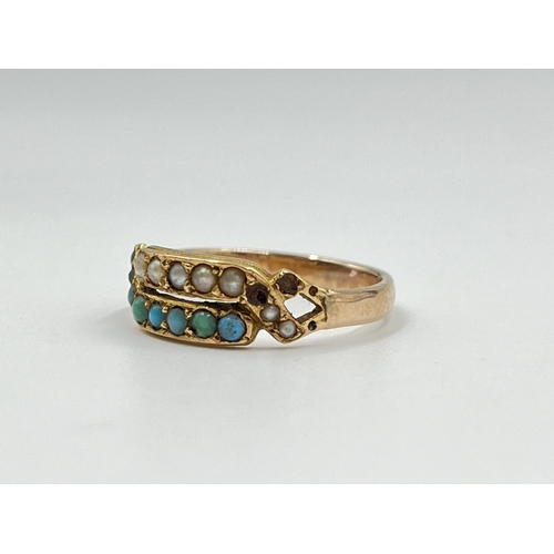 2145 - A late 19th/early 20th century yellow metal turquoise and seed pearl ring, size O½ - approx. gross w... 