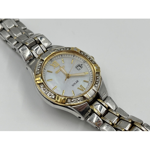 2212 - A Seiko Solar lady's wristwatch with mother of pearl dial and inset diamonds to bezel - ref. V137-0A... 