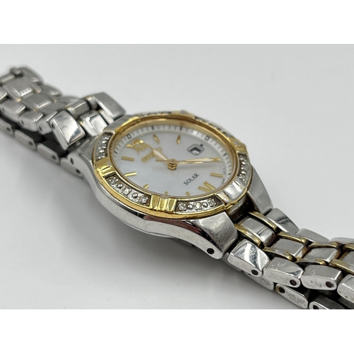 2212 - A Seiko Solar lady's wristwatch with mother of pearl dial and inset diamonds to bezel - ref. V137-0A... 