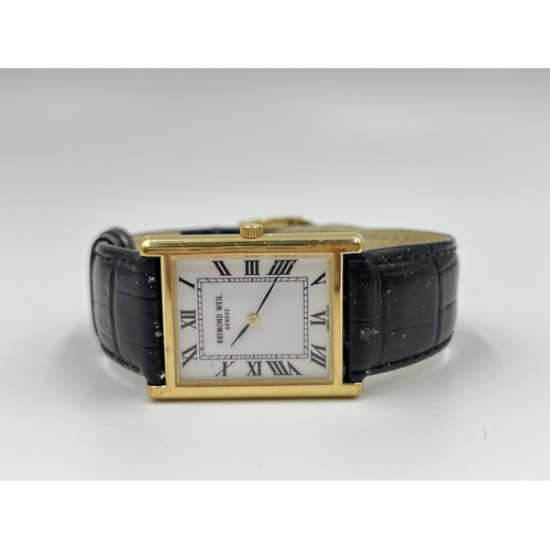 2218 - A Raymond Weil 18ct gold plated quartz tank wristwatch