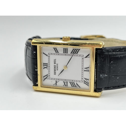 2218 - A Raymond Weil 18ct gold plated quartz tank wristwatch