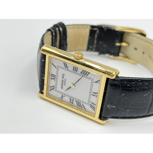 2218 - A Raymond Weil 18ct gold plated quartz tank wristwatch