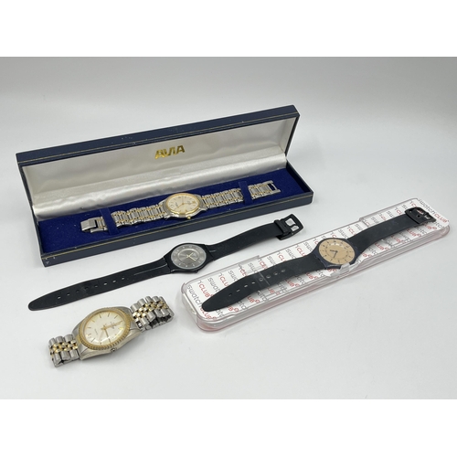 2241 - Four quartz watches, two cased Swatch, one cased Avia Classic and one Any