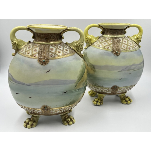 316 - A pair of Noritake hand painted twin handled footed vases - approx. 21.5cm high