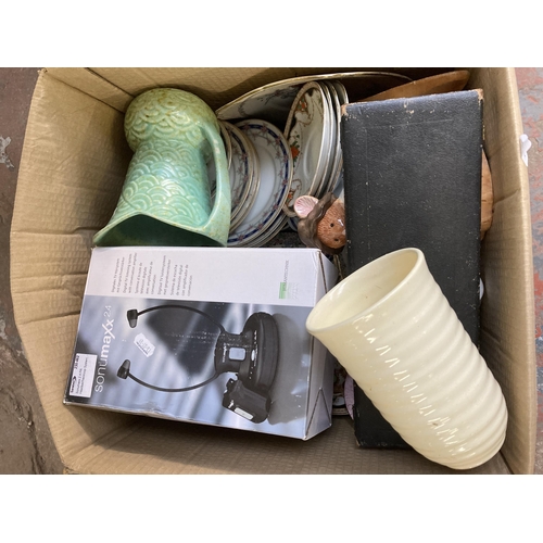 901 - Five boxes containing Hanimex projector, ceramics, cased fish serving set with hallmarked silver col... 