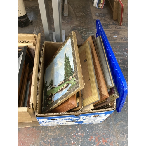 911 - Six boxes containing a large quantity of pictures to include watercolour depicting fishing boats at ... 