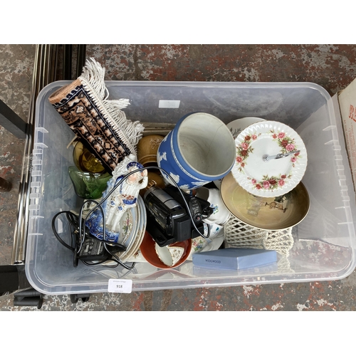 918 - A collection of items to include Sony camcorder, Adams jasperware, Royal Doulton dish, framed embroi... 