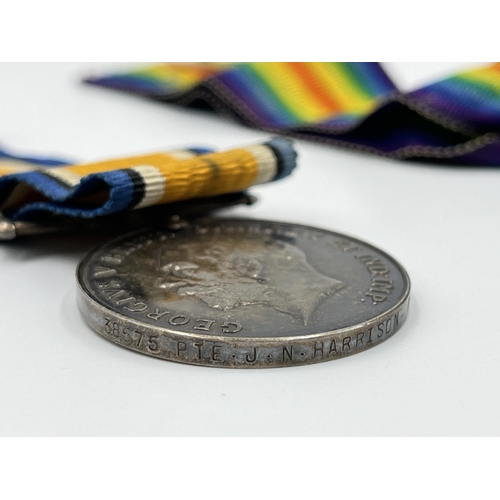 2358 - Two WWI British medals presented to 38575 PTE. J.N. Harrison K.S.L.I, one 1914-1918 War and one 1914... 