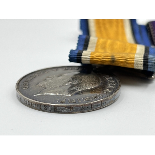 2358 - Two WWI British medals presented to 38575 PTE. J.N. Harrison K.S.L.I, one 1914-1918 War and one 1914... 