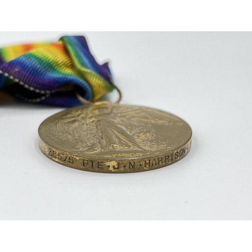 2358 - Two WWI British medals presented to 38575 PTE. J.N. Harrison K.S.L.I, one 1914-1918 War and one 1914... 