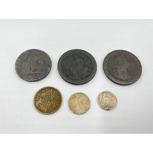 2370 - Six antique coins to include two 1797 George III cartwheel pennies, Victorian silver half penny, 191... 