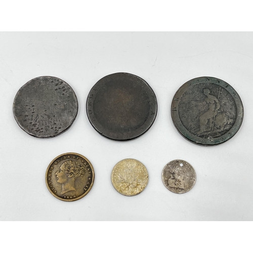 2370 - Six antique coins to include two 1797 George III cartwheel pennies, Victorian silver half penny, 191... 