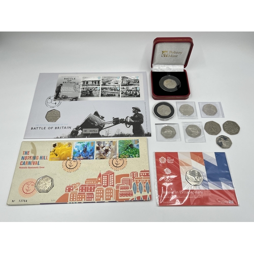 2375 - A collection of 50p coins and first day covers to include to include Royal Mint The 75th Anniversary... 