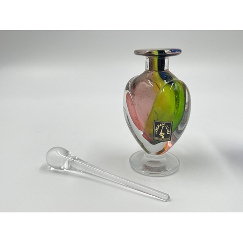 278 - Three pieces of studio glass to include Langham Glass handmade scent bottle - approx. 12.5cm high, V... 