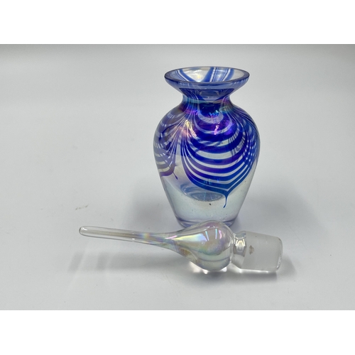 278 - Three pieces of studio glass to include Langham Glass handmade scent bottle - approx. 12.5cm high, V... 