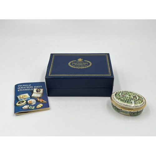 281 - A boxed Halcyon Days The Glory of the Garden enamel pill box - approx. 2.5cm high x 5.5cm wide x 4.5... 